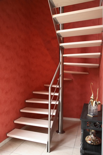 [1023] Escalier à Double Quart Tournant en Inox et Hêtre